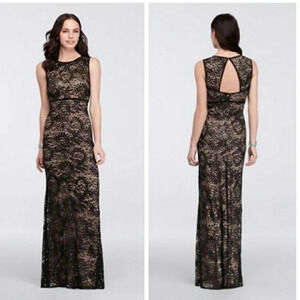 NW Nightway Black Nude Stretch Laced Sequined Gown Long Sleeveless Keyhole Sz 12